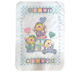 Vintage Clowns Cross Stitch Baby Quilt Sweet Dreams Balloons Handmade 28" x 39"